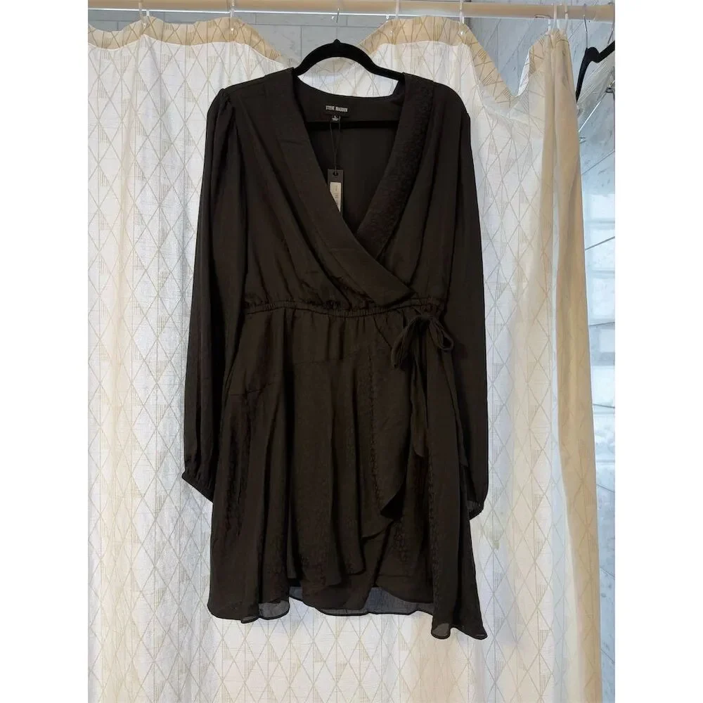 Steve Madden Women's L Black Shiny Leopard Faux Wrap Dress Knee Length - Picture 5 of 13